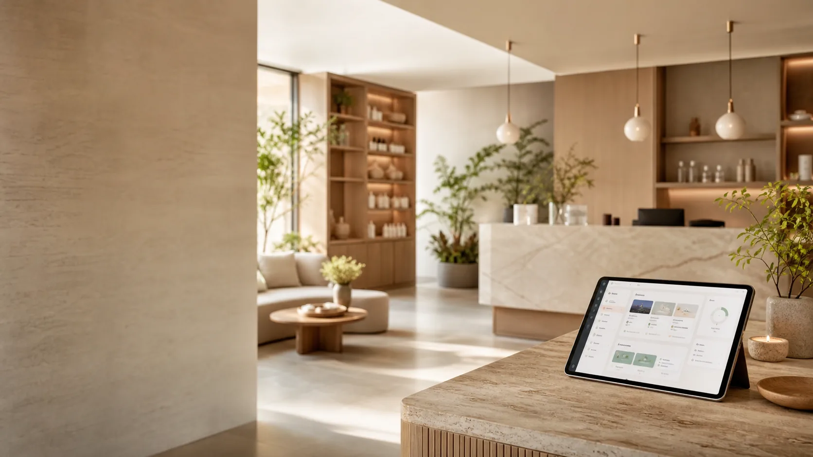Productvisual van Fensi met een wellnessreservering, boekingsdetails en betaalstatus op een scherm
